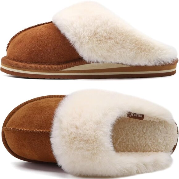 ⚡Women Chestnut Suede Fluff Dual Memory Foam Arch Support Warm Scuff Slipper - Picture 1 of 7